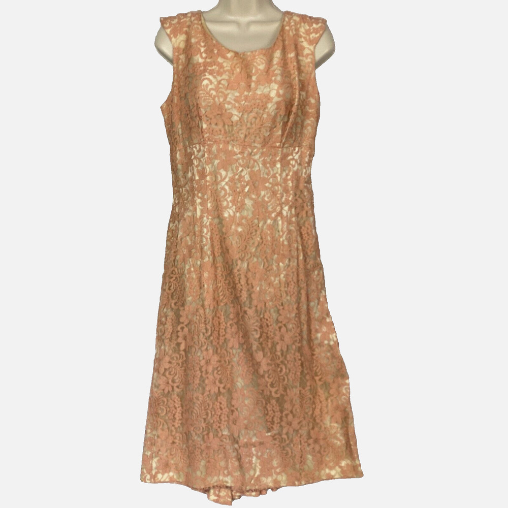 Vintage 50s Dress Womens Small Pink Satin & Lace Midi Wedding Cocktail 36x24x36